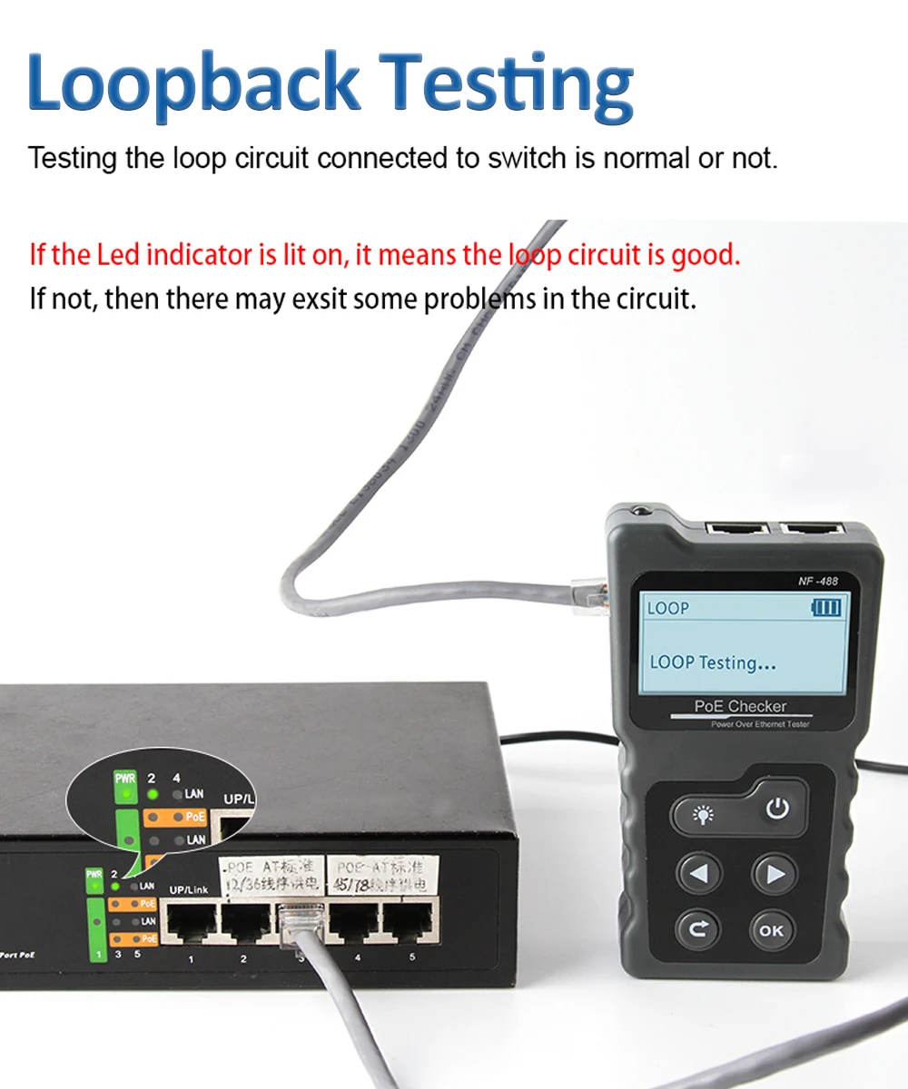 NOYAFA NF-488 LCD-Netzwerk-PoE-Tester für Ethernet Cat5 Cat6 LAN-Kabel, Schleifentestgerät – Detail 10
