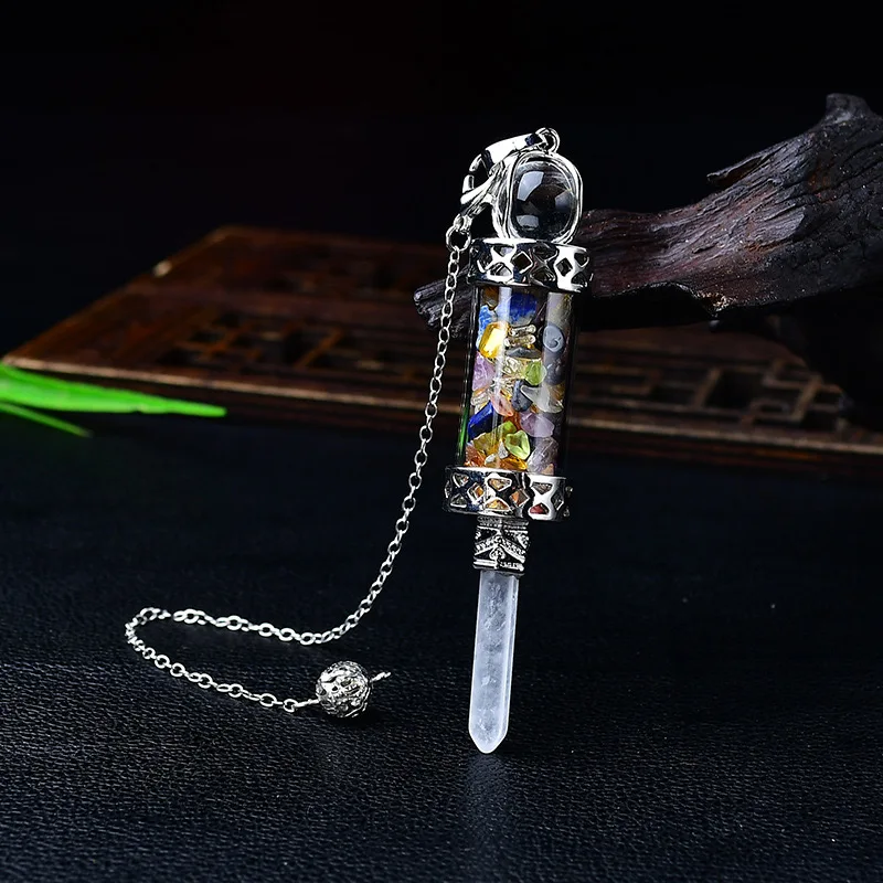 7 Chakras Pendulums Divination Dowsing Glass Wishing Bottle Natural Stone Pendant Hexagonal Clear Quartz Pendulum Pendulos X247