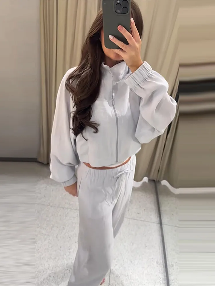 Damen-Hosenanzug 2-teilig mit Stehkragen, Laternenärmeln, Kurzmantel und Weiten Hosen, Modische Streetwear für Damen, Neu – Detail 17