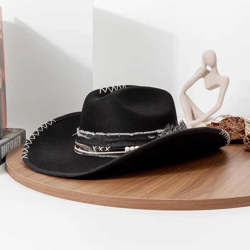 USPOP ربيع الخريف قبعات رعاة البقر الغربية قبعة للنساء الرجال خمر ورأى قبعة واسعة حافة مع ريشة النمط الغربي حفلة فيدورا #5