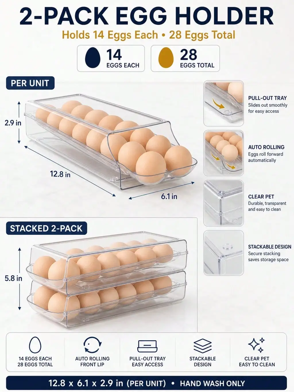 2-Pack Clear Automatic Rolling Egg Holder, Stackable Fridge Drawer Organizer, 28 Eggs Total, Compact Refrigerator Solution