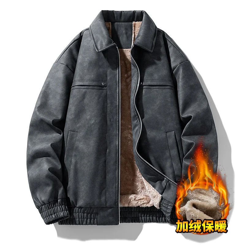

Mens Slim Fleece Leather Jacket Male Outerwear Leather Jackets Vintage Plus Velvet Warm PU Leather Jacket Men Casual Blazer Tops