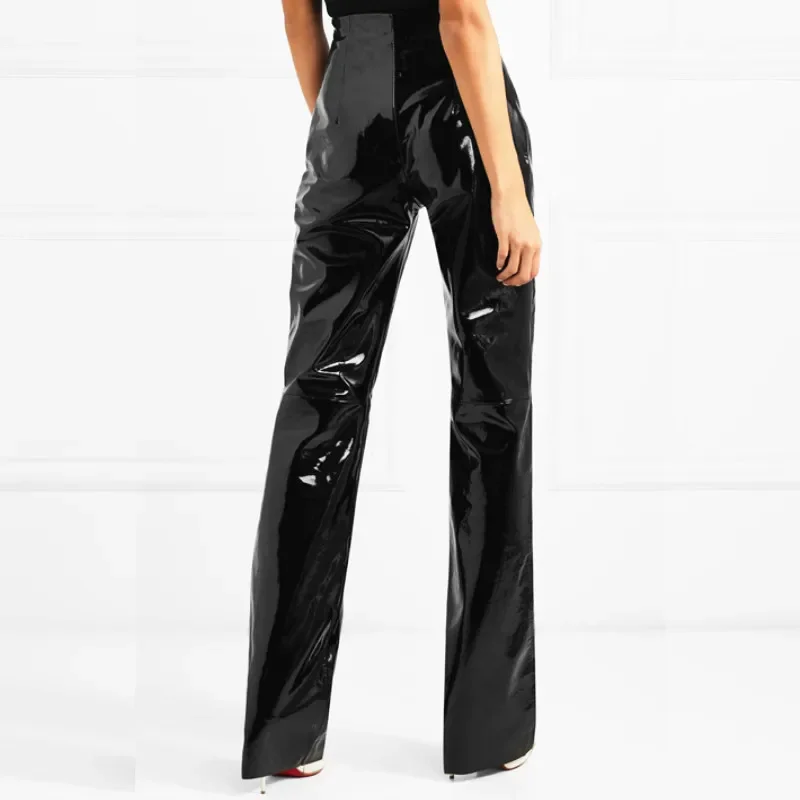 Women High Waist PU Leather Straight Pants Ladies Punk Shiny Faux Leather Trousers Faux Latex Pants Clubwear Spring New Custom