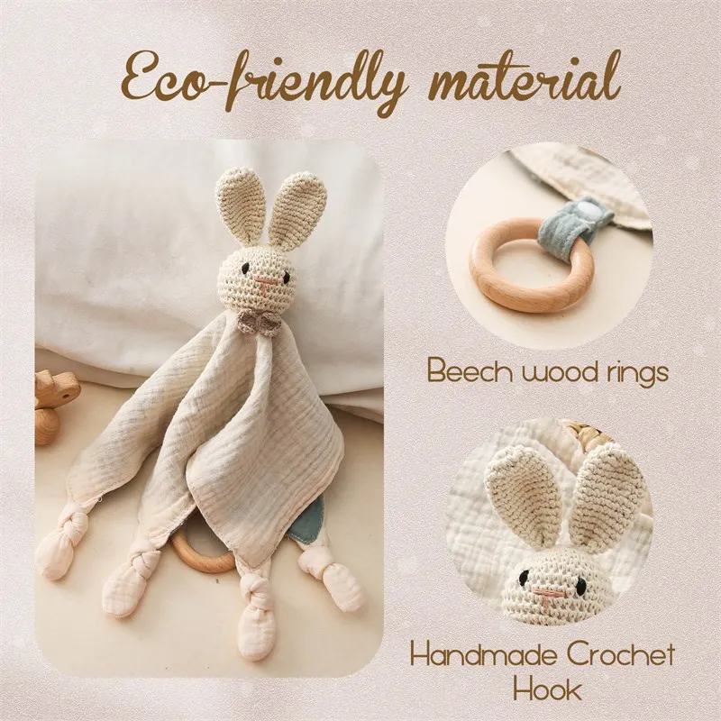 Baby Cotton Crochet Rabbit Bear Rattle With Wooden Ring Soothing Towel Newborn Saliva Towel Newborn Sleep Teether Toys Gifts