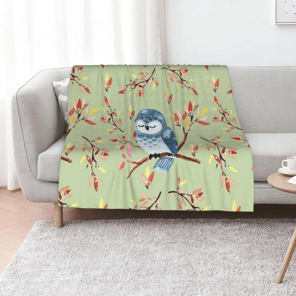 Cute watercolor owl and autumn leaves, green background Throw Blanket Decorative Sofas Baby Plush Blankets
