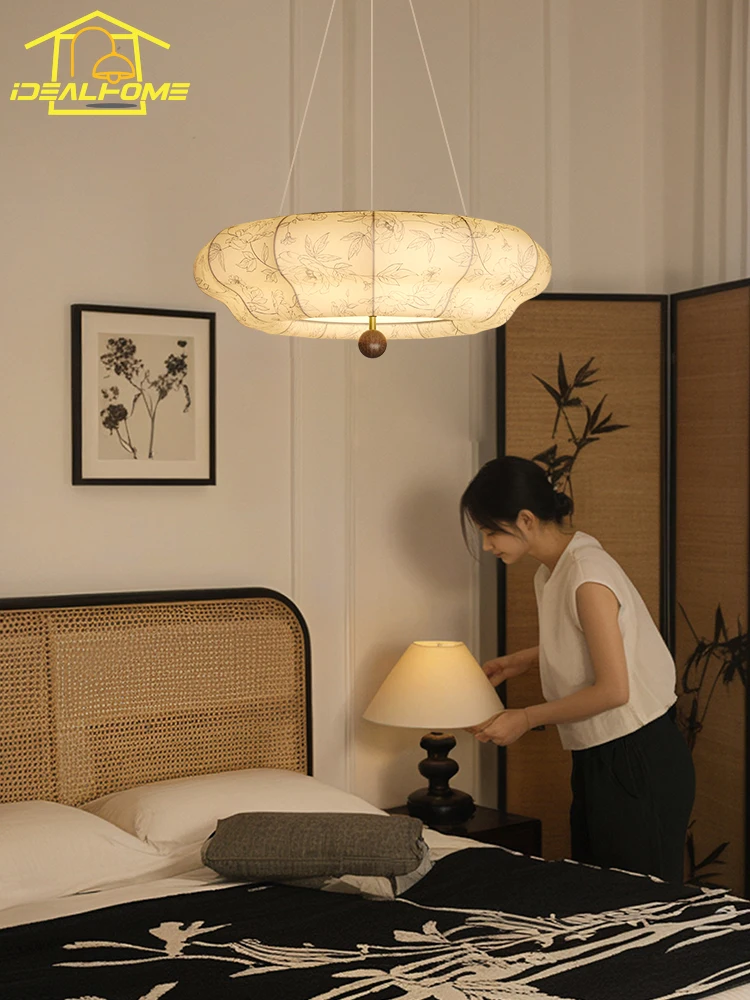 

Chinese Classical Retro Solid Wood Fabric Art Decorative Pendant Lights LED E27 Medieval Romantic Hanging Lamp Bedroom Study Bar