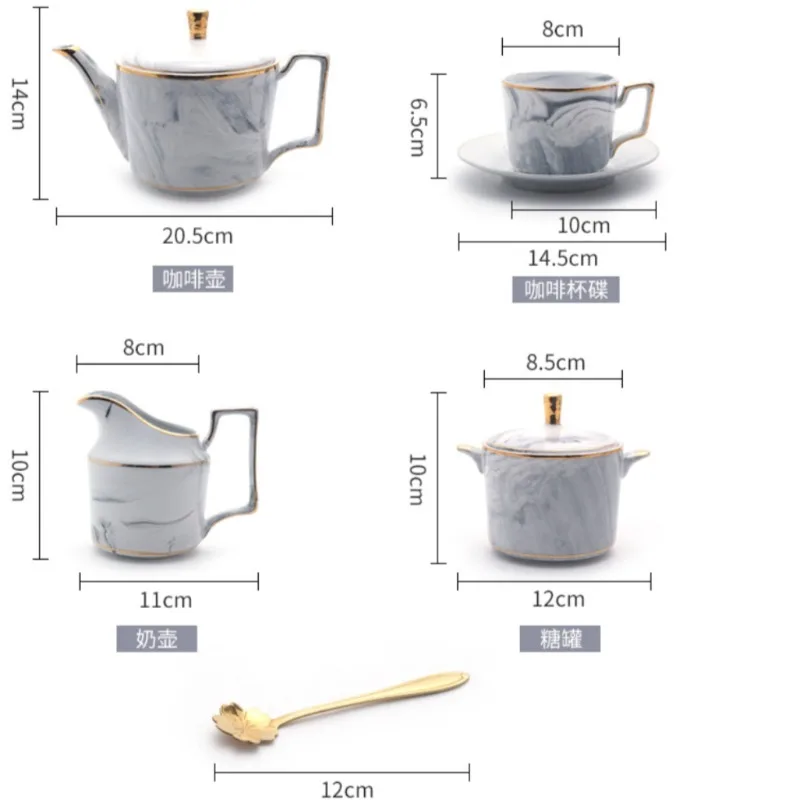 Nordic 15-piece Gold Rim Grey Pink Marble Pattern Ceramic Coffee Tea Set Ins Network Creative Bone China Tea Set Pot Cup Saucer
