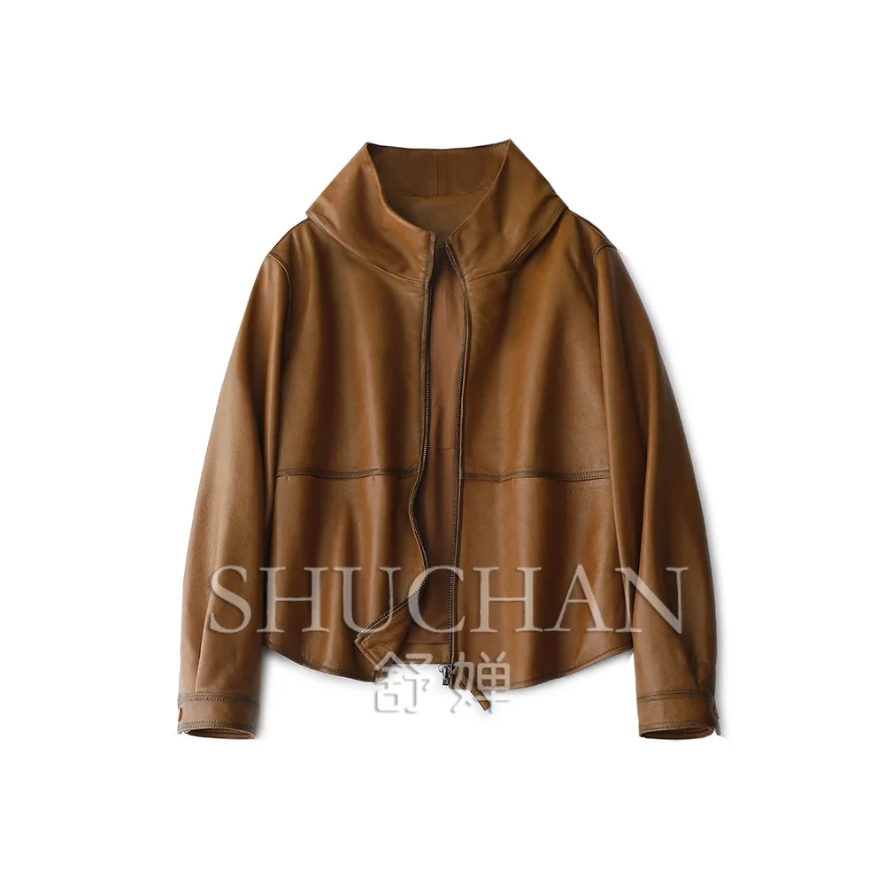 High Quality First Layer Sheepskin, Retro Fashion Design Sense Hooded Leather Jacket Loose Jacket Women