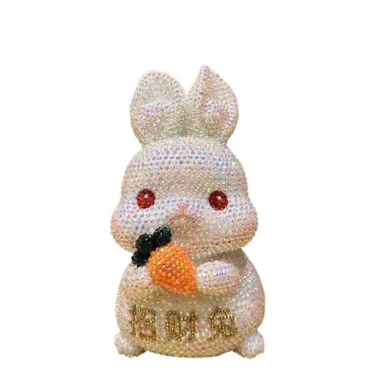 Rhinestone Cute White Rabbit Statue DIY Handmade Animal Coin deposit Jar Mosaic Piggy Bank Cross Stitch Decorative Kits Gift