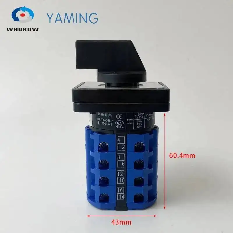 2/3/4/5 Position 20A 4 Poles Electrical Universal Changeover Rotary Cam Switch Silver Contacts YMW26 LW26-20/4