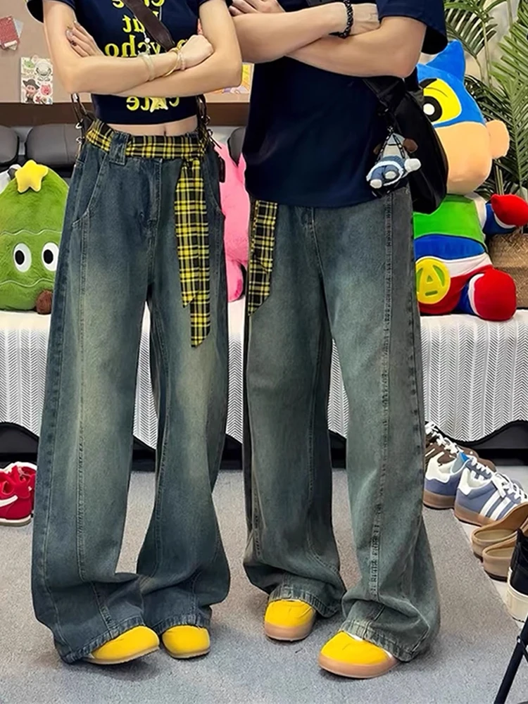 レトロブルーデニムジーンズメンズ秋カジュアルルーズストレートレッグハイウエストスリムワイドレッグパンツストレートカットナイフ