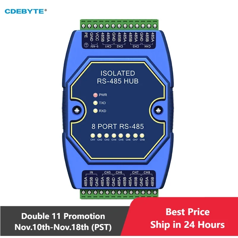 Photoelectric Isolation Industrial DC9-40V 8-way Cache RS485 Hubs CDEBYTE E810-R18 ESD Protection Power and Signal Isolation