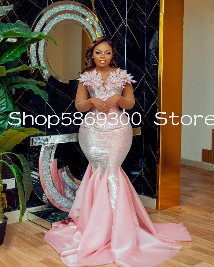 الوردي حورية البحر الأفريقية حفلة موسيقية فساتين رسمية الأزهار الكتف الوهم كم طويل Aso Ebi Ruched مساء حفل ثوب مخصص