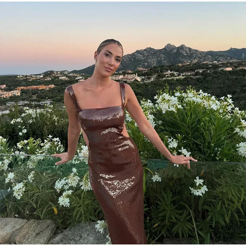 Vestido largo con espalda descubierta y lentejuelas brillantes para mujer, vestido ajustado sin mangas con tirantes de cintura alta, vestido de fiesta de noche para mujer