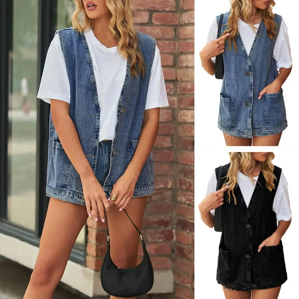 Vintage Grote V-Hals Denim Vest Vrouwen Lente Zomer Gewassen Casual Zakken Mouwloze Jeans Jassen Dames Losse Outwear