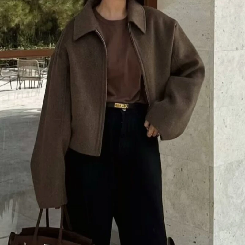 Femmes Vintage marron veste à glissière pour femmes élégant revers à manches longues manteaux courts femme Vintage automne dame rue vêtements d'extérieur