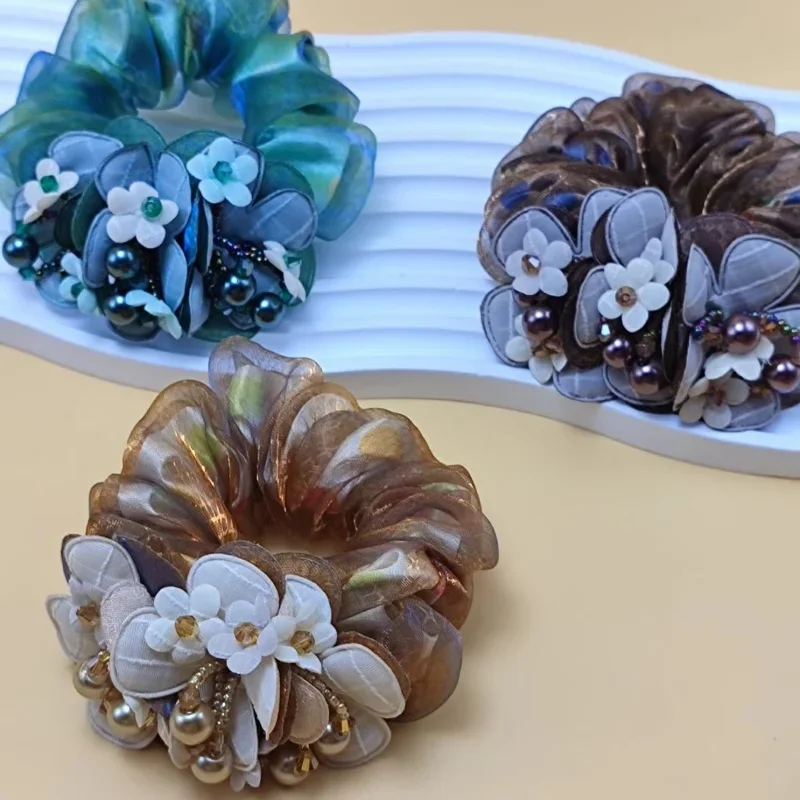 New 3 Flower Hair Ring Women Pearl Headdress Flower Bold Highly Elastic Rubber Band Mother All-Match Hair Accessories Scrunchie
