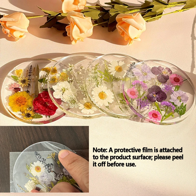 

4pcs Acrylic Floral Coasters Clear Round Colorful Printed Cup Mat Wedding Birthday Party Table Decor Gifts for Women
