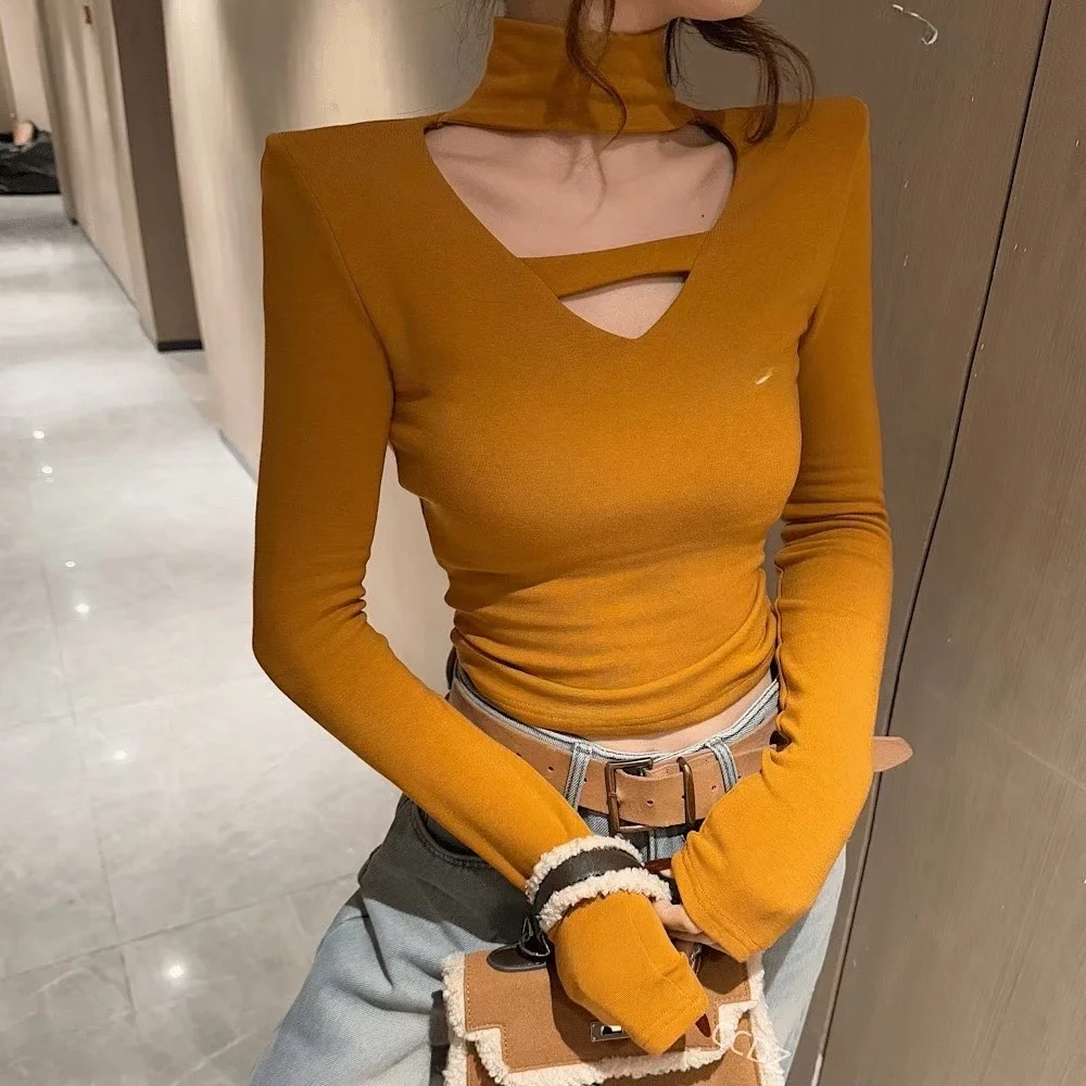 

Женская футболка Ele Hollow out Long Sve Ne Hanging Sle Faionable Base Layer irt Korean Sle Commute Wind