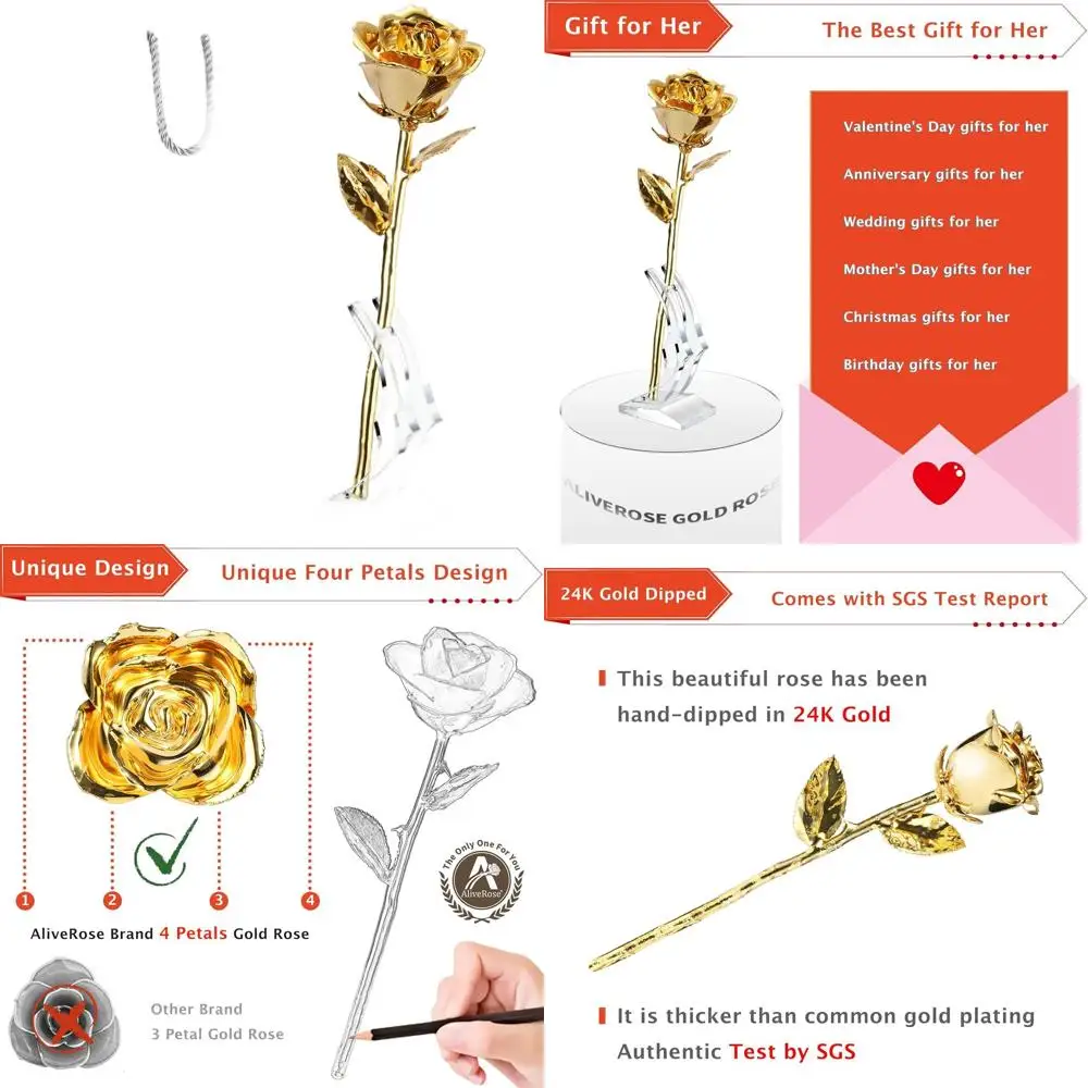

24K Gold-Plated Real Rose for Anniversary, Valentine's or Mother's Day - Unique Handcrafted Rose with Stand