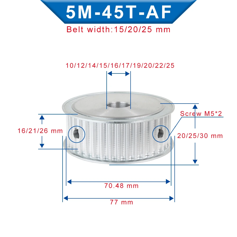 5M-45T Belt Pulley Circular Arc Tooth Bore 8/10/12/14/15/16/17/19/20/22/25 mm Pulley Wheel AF Shape For HTD5M/S5M Rubber Belt