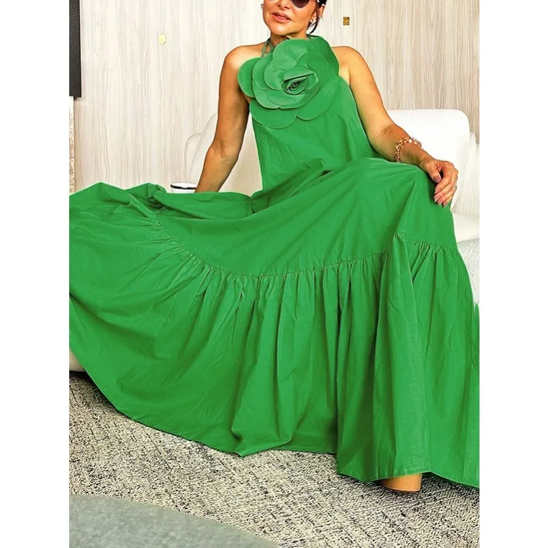 Green Halter-Neck Floor-length Dresses Women 2025 Stylish 3D Flower Sexy Backless Holiday Cocktail Party Elegant Dresses