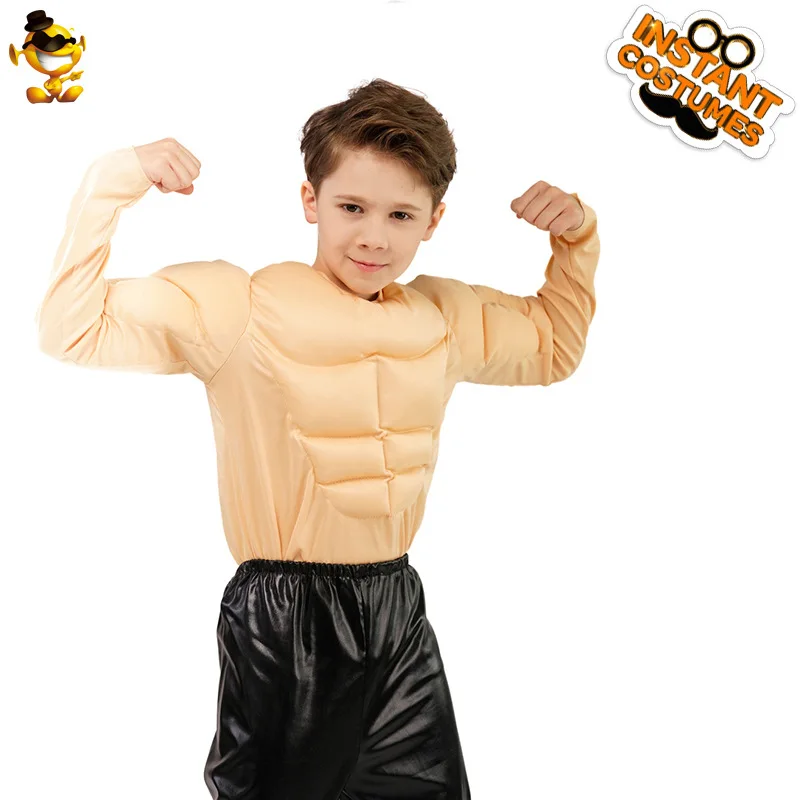 Funny Little Boy Muscle T-Shirt Costume Kids Boys Role Play Fake Pecs Fake Abs