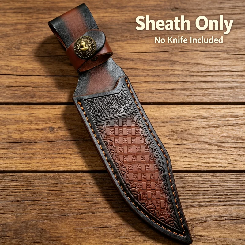Hand Embossed Grid Pattern Split Cowhide Knife Sheath Waist Belt Carry Tool Scabbard Sheath Only No Knife Included