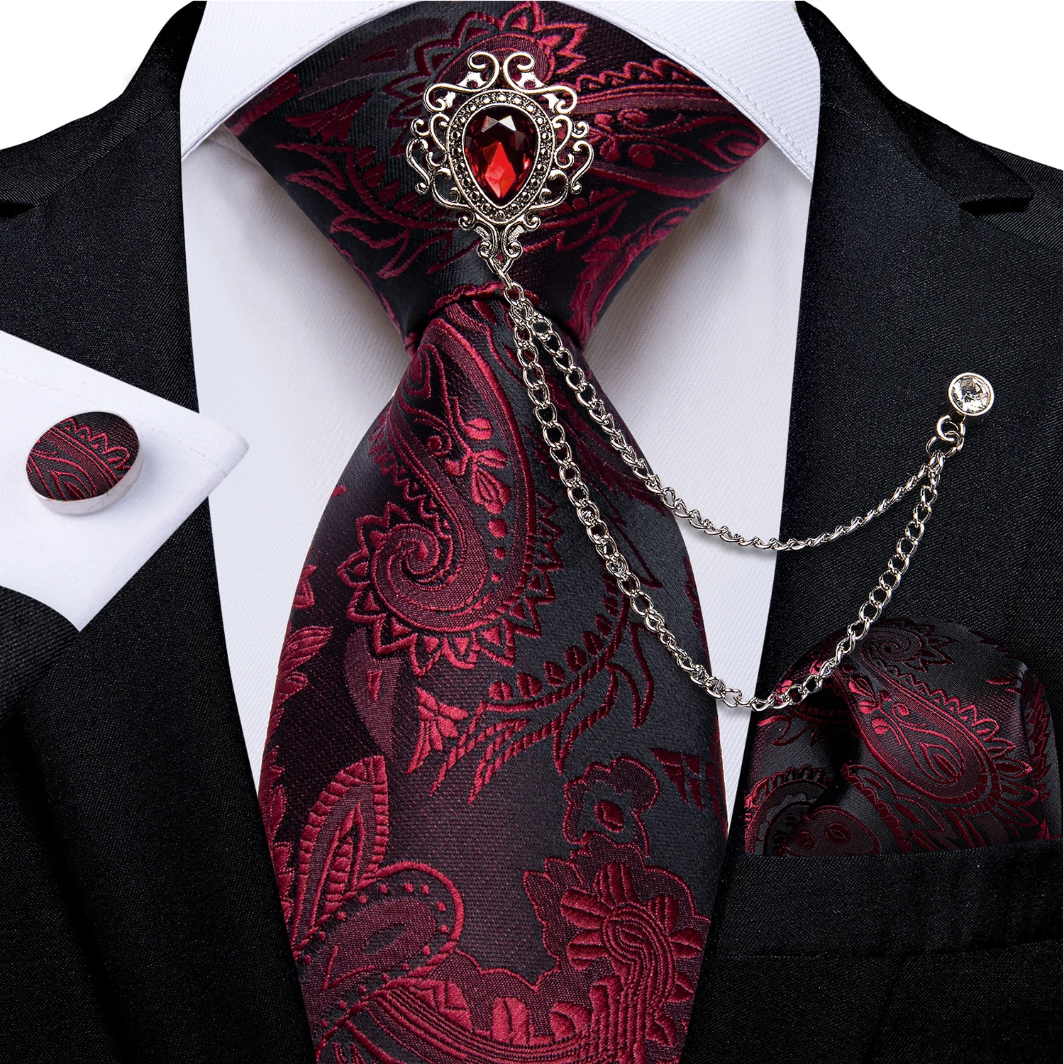 Red Paisley Floral Silk Ties for Men with Luxury Crystal Brooch Chain 8cm Necktie Handkerchief Cufflink Set Wedding Accessories