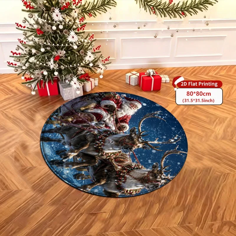 Reindeer Holiday Round Santa Sleigh With Flying Reindeer Dark Blue Night Sky Snow Falling Winter Scene 80x80cm