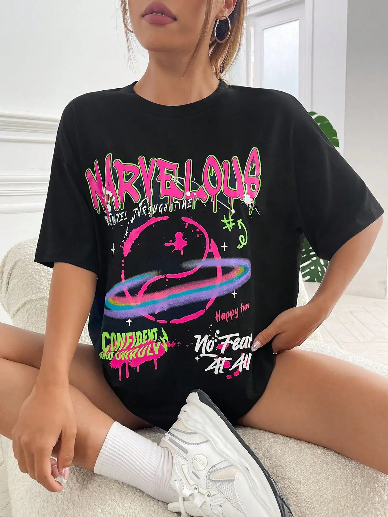 Marvelous Confident Spherical Orbit Operation Street Women T Shirts Oversized Summer Cotton Tops Hip Hop Breathable Tee Clothes