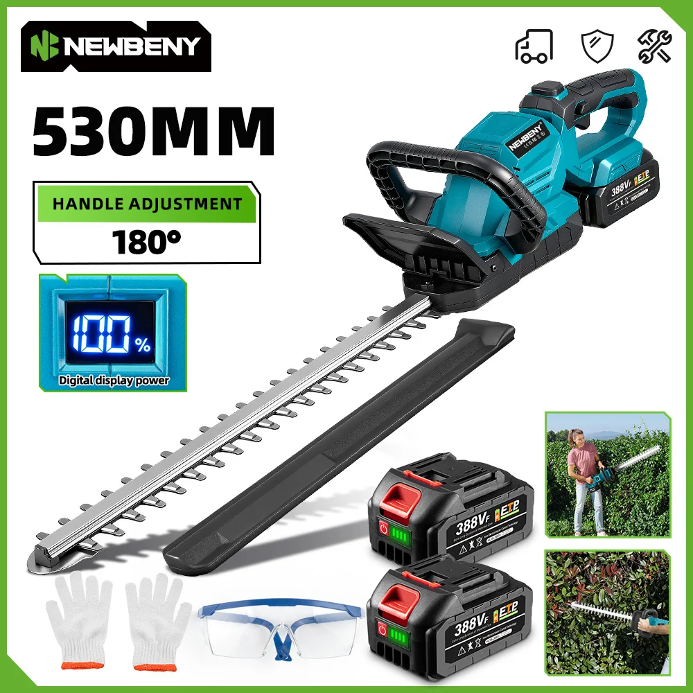NewBeny Elektrischer Heckenschere, 3000 U/min, Rasenmäher, Garten-LED-Anzeige, Landschaftsbau, Heckenschere, Trimmer-Werkzeug für 18 V-21 V-Batterie