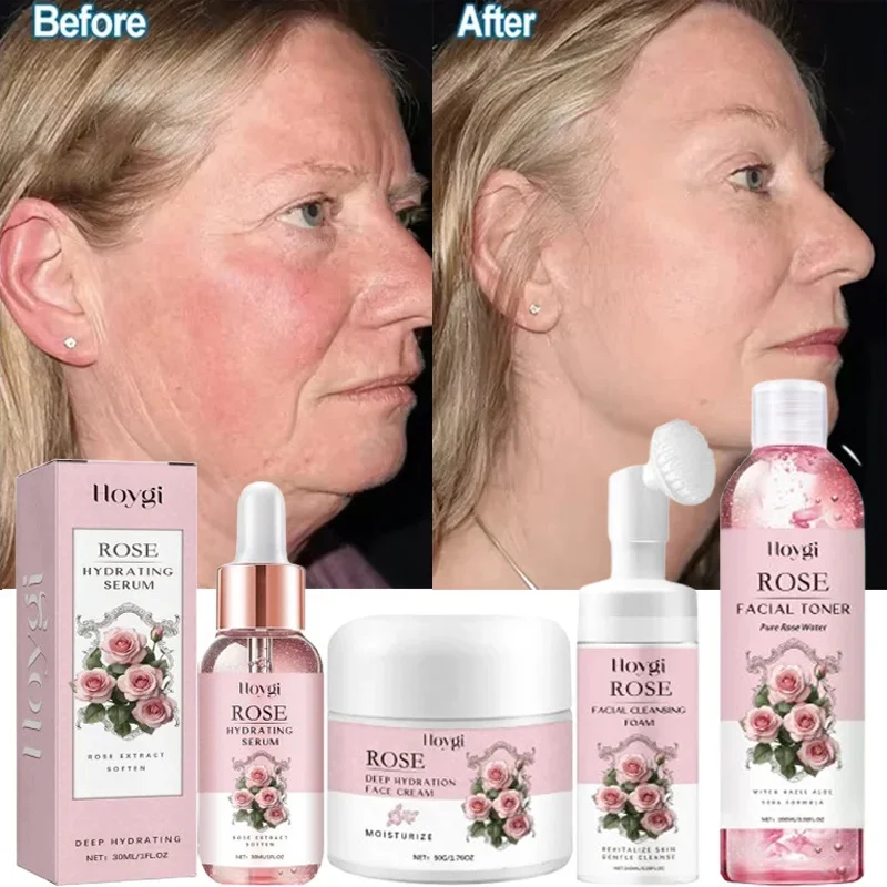 

Rose Extract Wrinkle Remover Face Set Instant Firming Lift Anti-Aging Serum Fade Fine Lines Whitening Korean Skin Care Products