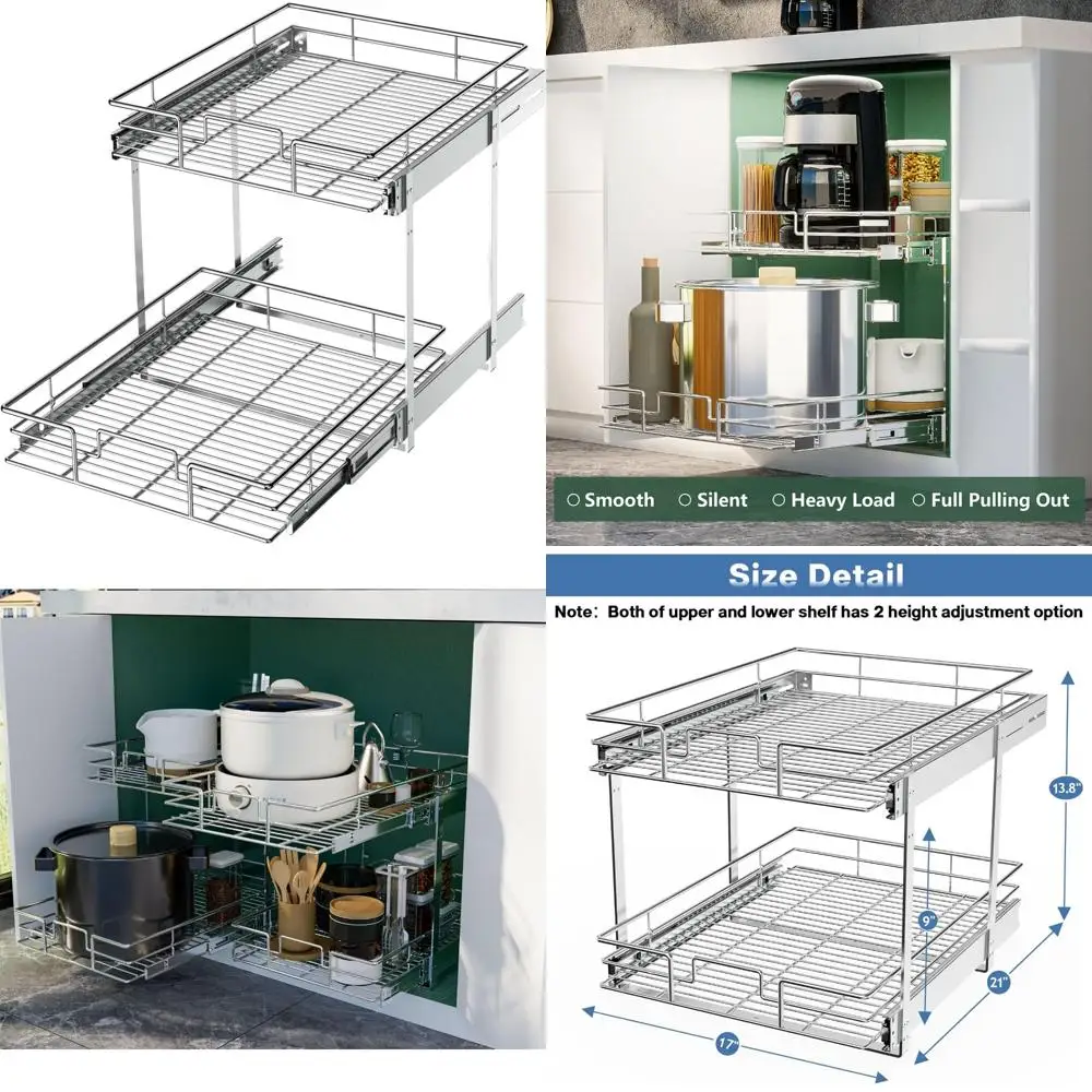 

Pull Out Cabinet Organizer with 2 Tiers, 17 Wide x 21 Deep, Kitchen Storage Sliding Shelves, Space-Saving Solution