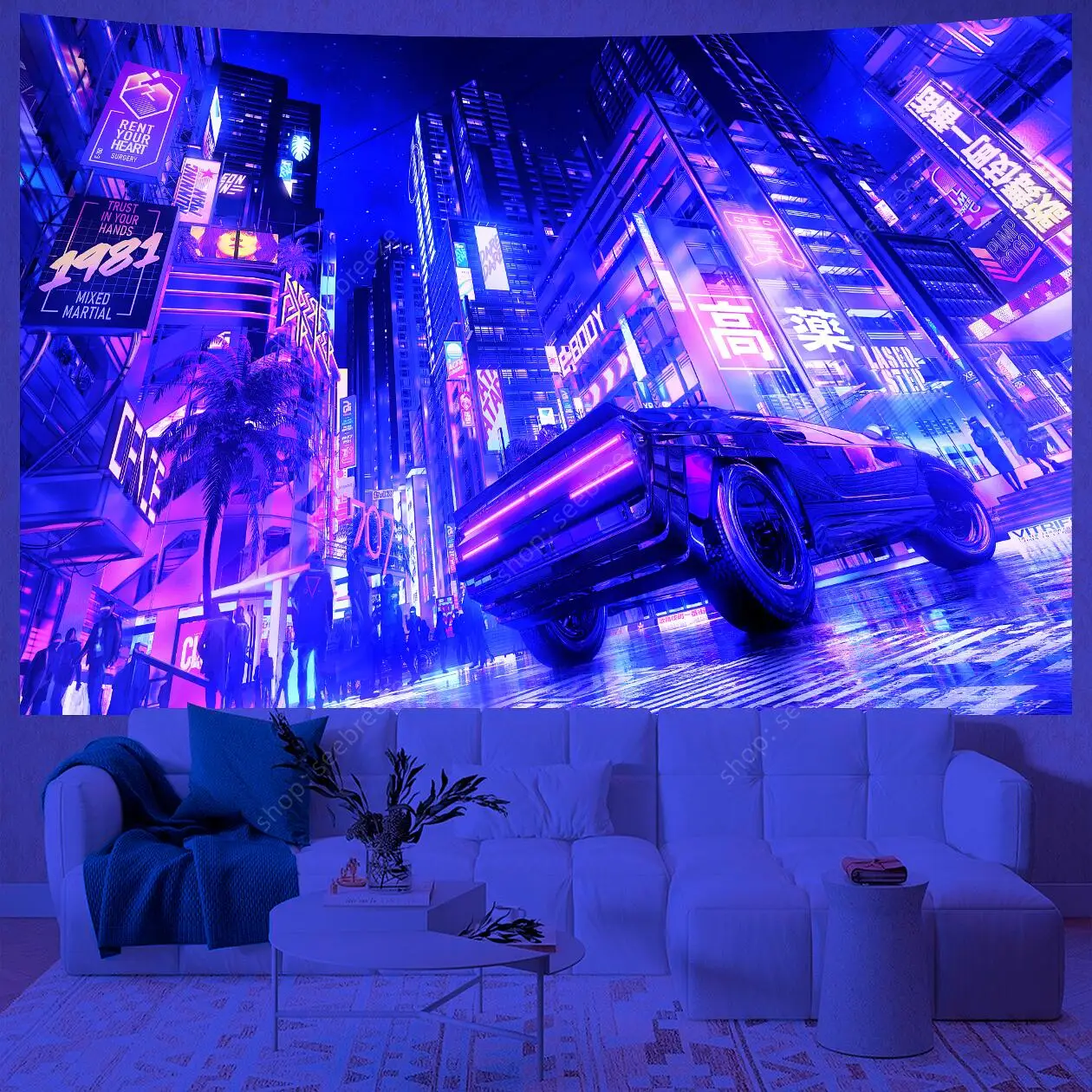 Futuristic Neon City UV Reactive Tapestry Cyberpunk Car Tapestries Aesthetic Room Decor Bedroom Dorm Wall Decor Gift for Friend