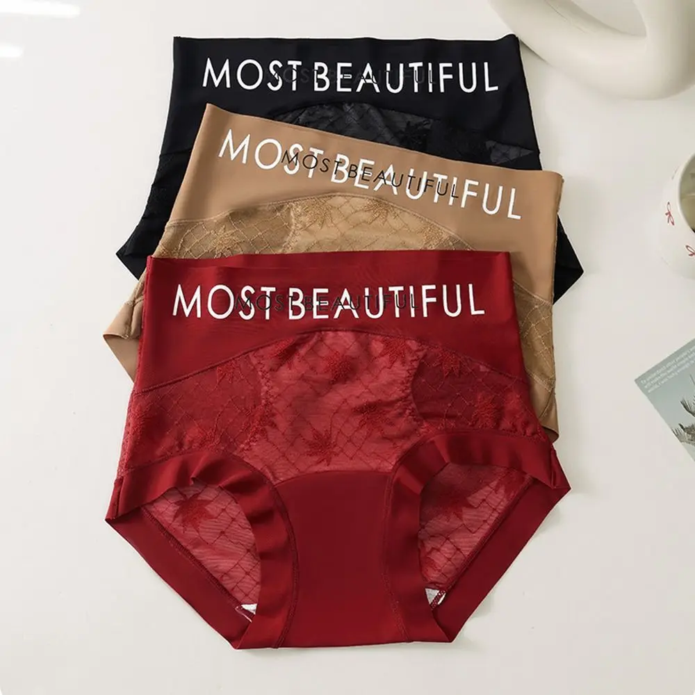 

4Pcs Fashion Ultra-thin Lace Flower Briefs Mid Waist Cotton Crotch Lace Mesh Panties Lingerie Transparent Seamless Panties Gift