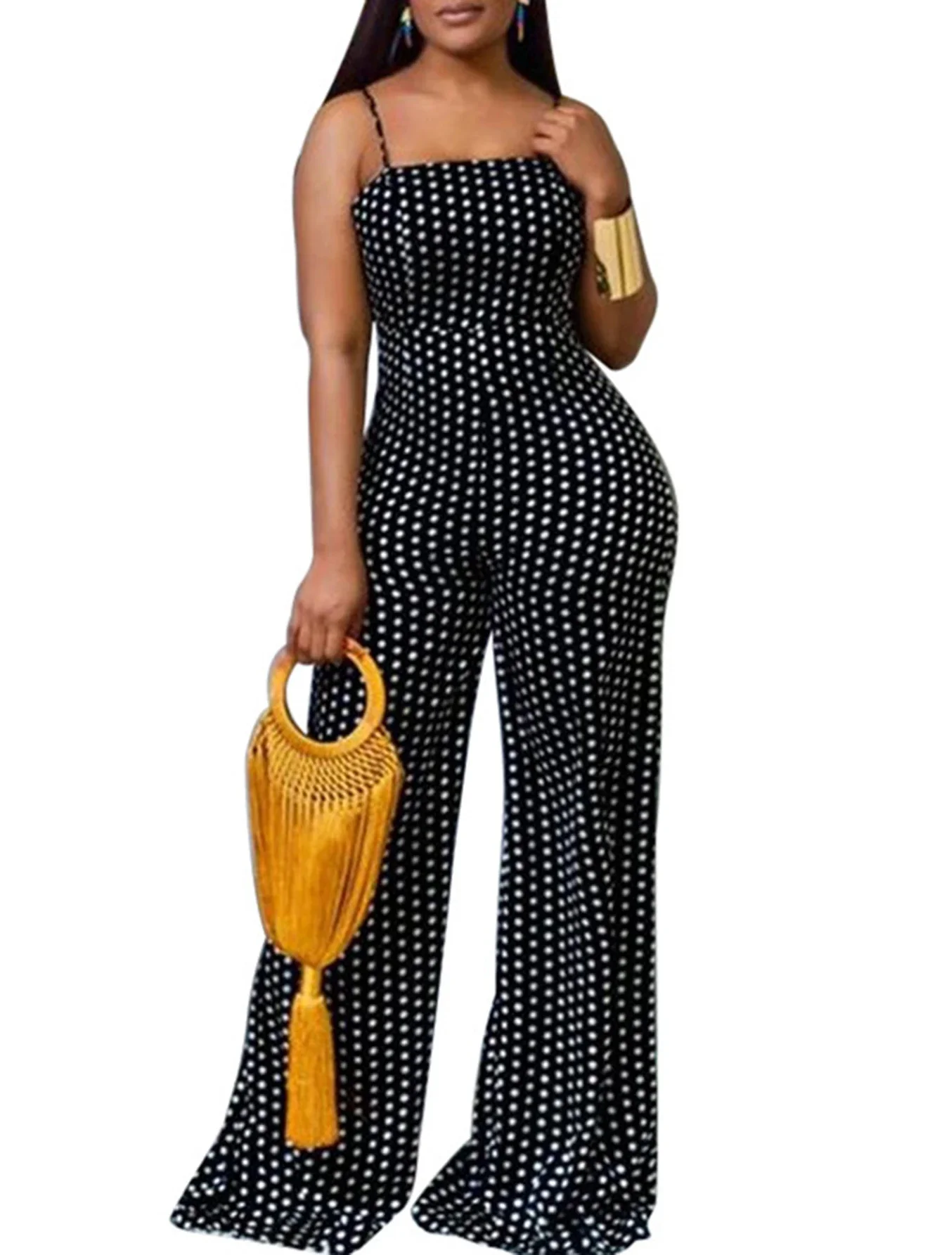 

Летние комбинезоны 2025 г. Женская мода в горошек без рукавов с квадратным вырезом, длинные комбинезоны с широкими штанинами для отпуска
