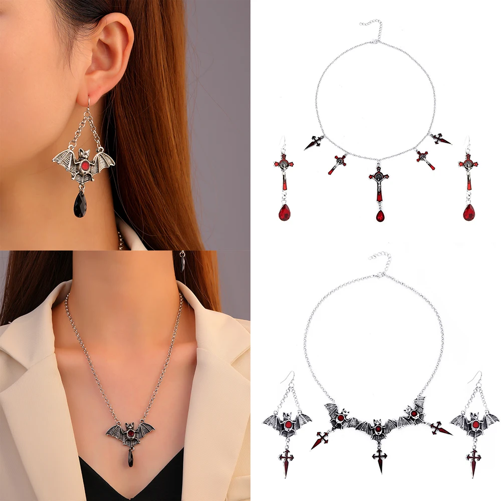 Women Gothic Bat Earrings Cross Pendant Anime Metal Bloody Cross Necklace Scary Halloween Dressing Up Boys Girls Fashion Jewerly