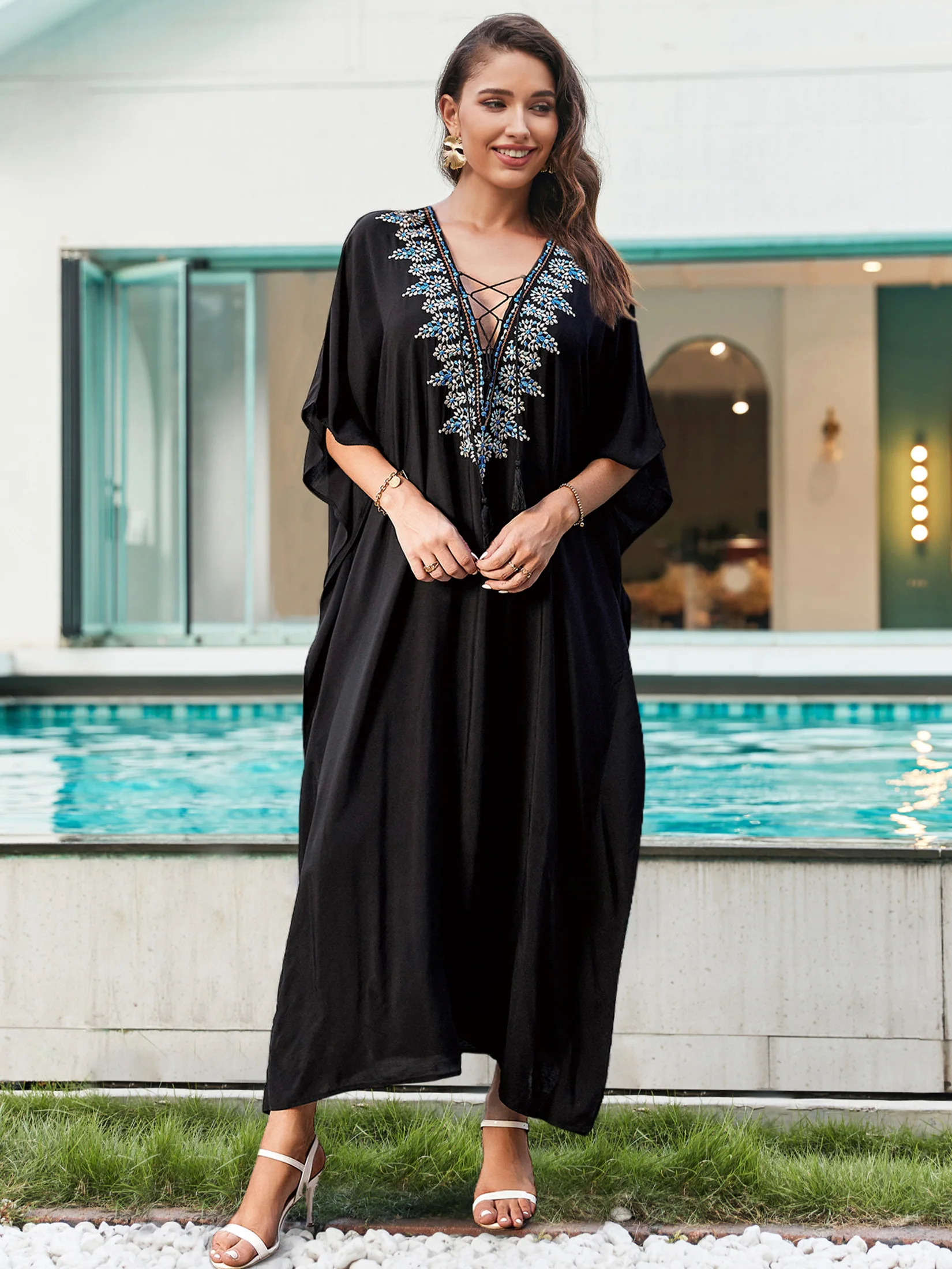 2024 Summer Embroider Black Vintage Loose Kaftans V-neck Lace-up Dresses For Women Batwing Sleeve House Dress Q1583