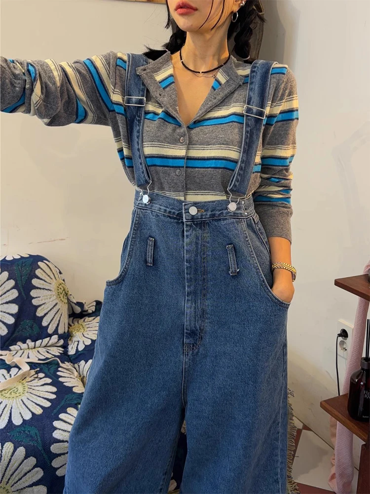 Retro Waed Blue Denim Overalls Damen Frühjahr New Sle Age-Defng Button-Up Trägerhose Hohe Taille Jeans mit weitem Bein