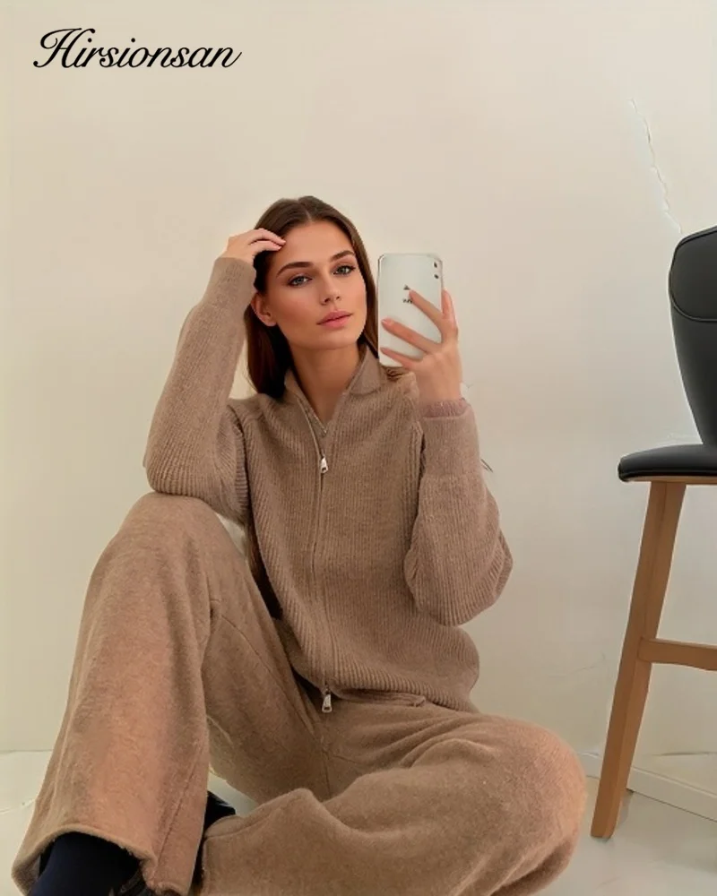 Hirsionsan Winter Thick Women Suits Soft 2 Pieces Female Sets Zip Cardigan Sweater & Wide Leg Pants Soft Knitted Track Suit