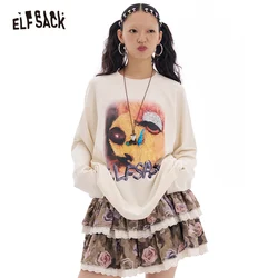 ELFSACK 2025 Spring New Arrivals Bear Print Long Sleeve T-Shirt Women Loose Casual Y2K O-Neck Top