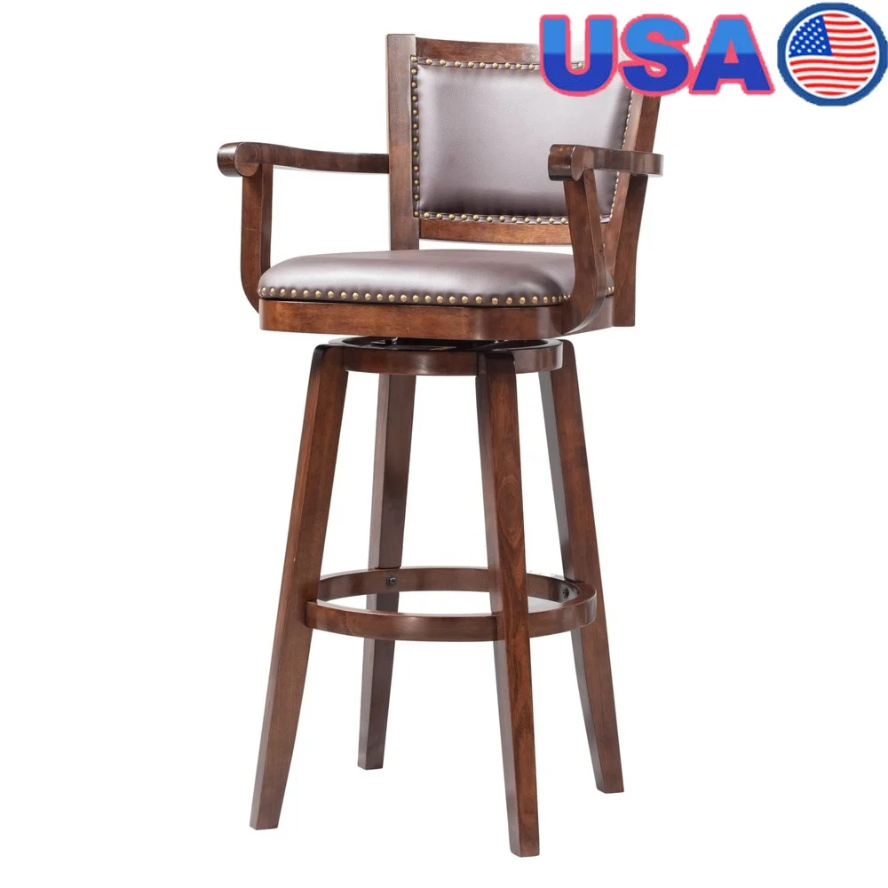 

High Back Swivel Bar Stool with Arms Wooden Kitchen Dining Stool Faux Leather Padded Seat Ergonomic Design Kitchen Bar Room