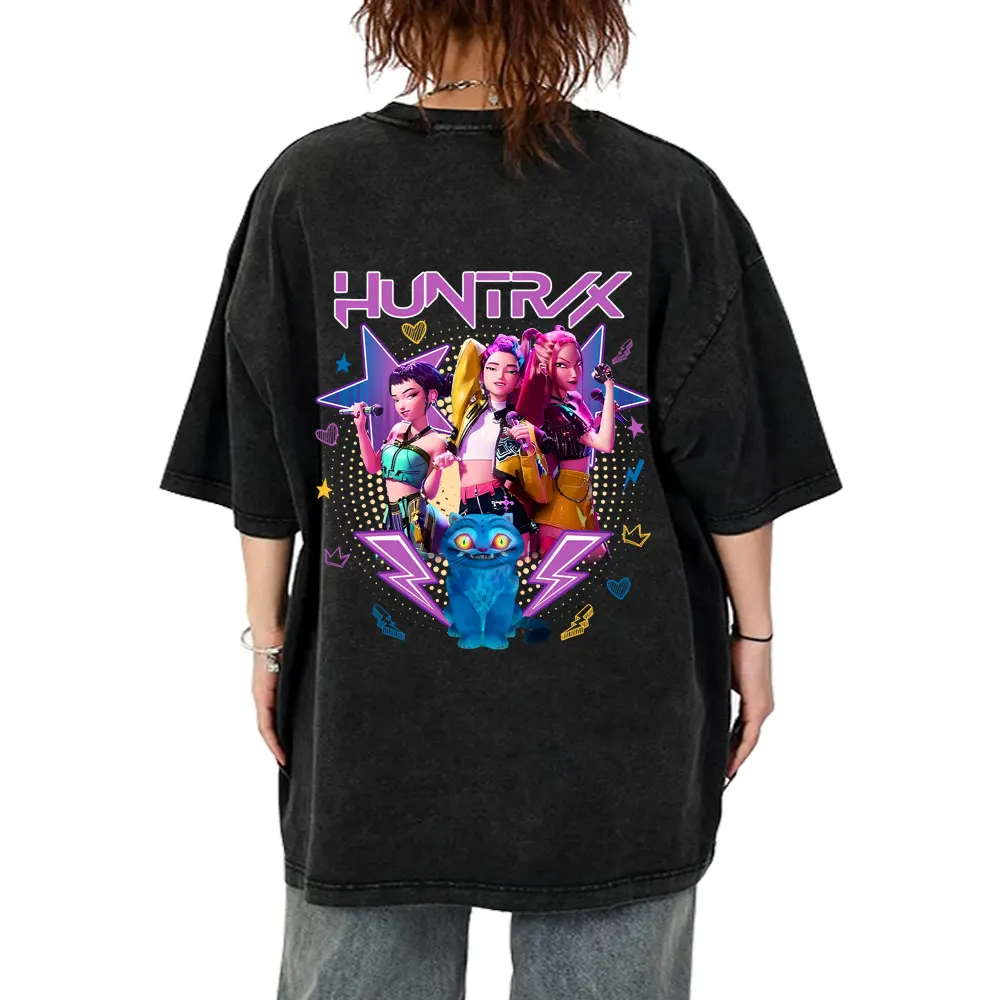 

New Movie KPop Demon Hunters Rumi Mira Zoey Derpy Tiger Washed Vintage Tshirt Men Women Fashion Casual Oversized T-shirt Tops