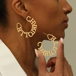 Boucles d'Oreilles Personnalisées en Forme de Cœur pour Femme, Bijoux en Acier Inoxydable, Plaque Nominative, Grand Cercle, 50mm, Cadeaux Chauds pour Bol