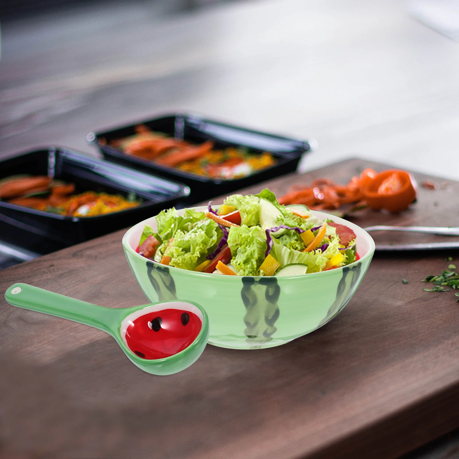 

1Set Watermelon Ceramic Bowl Spoon Kit Lovely Salad Soup Serving Rice Kitchen Tableware Food Container Fruit Pattern