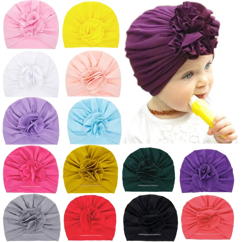 Baby Accessories Newborn Turban Hat with Pleated Flowers Kids Photo Props Girls Shower Gift Birthday Elastic Hats Headwear