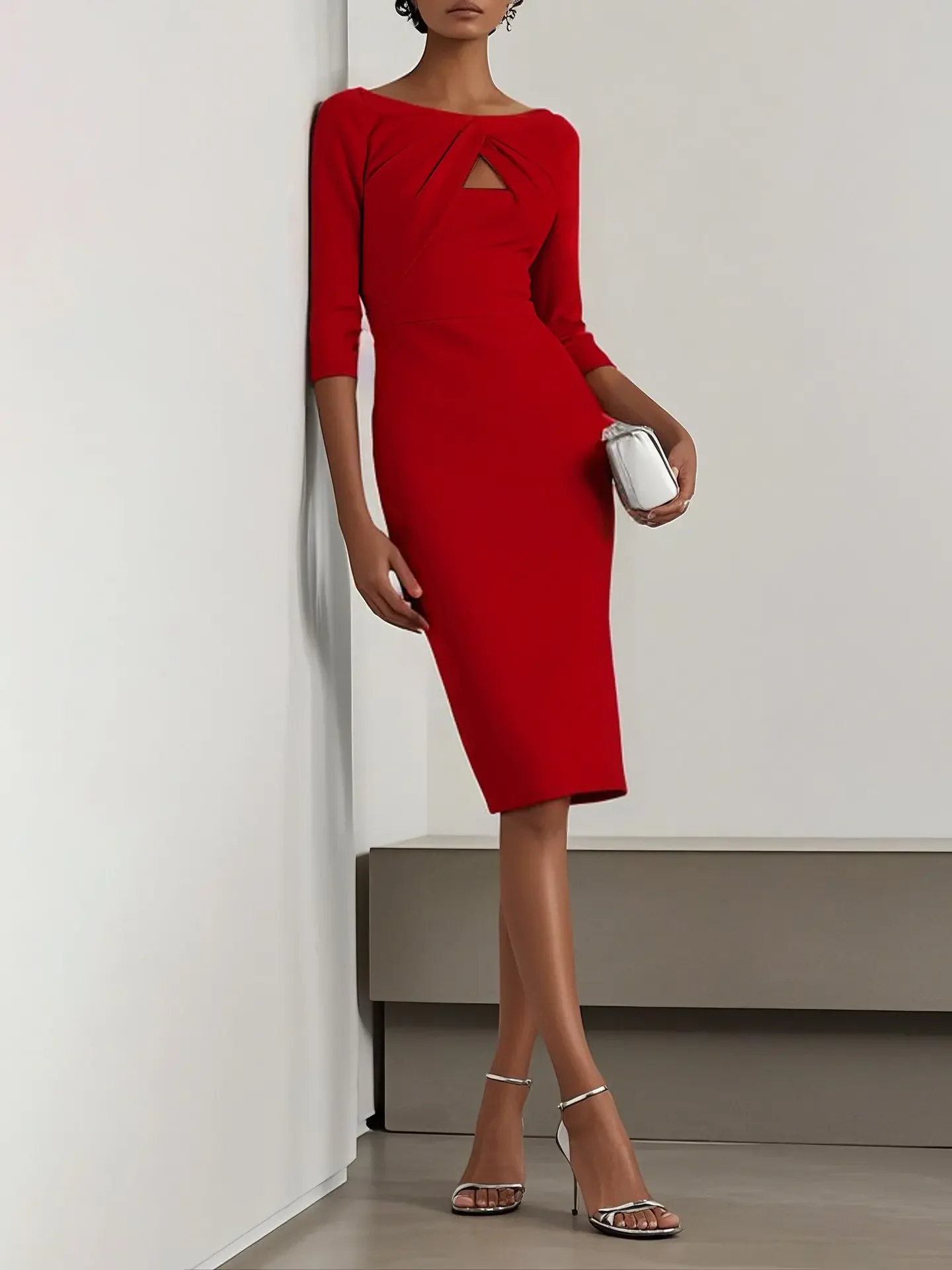 Damen-Bodycon-Midikleid mit U-Boot-Ausschnitt und Twist-Ausschnitt, Dreiviertelärmel, elegantes Bleistiftkleid für formelle Anlässe im Büro – Detail 9