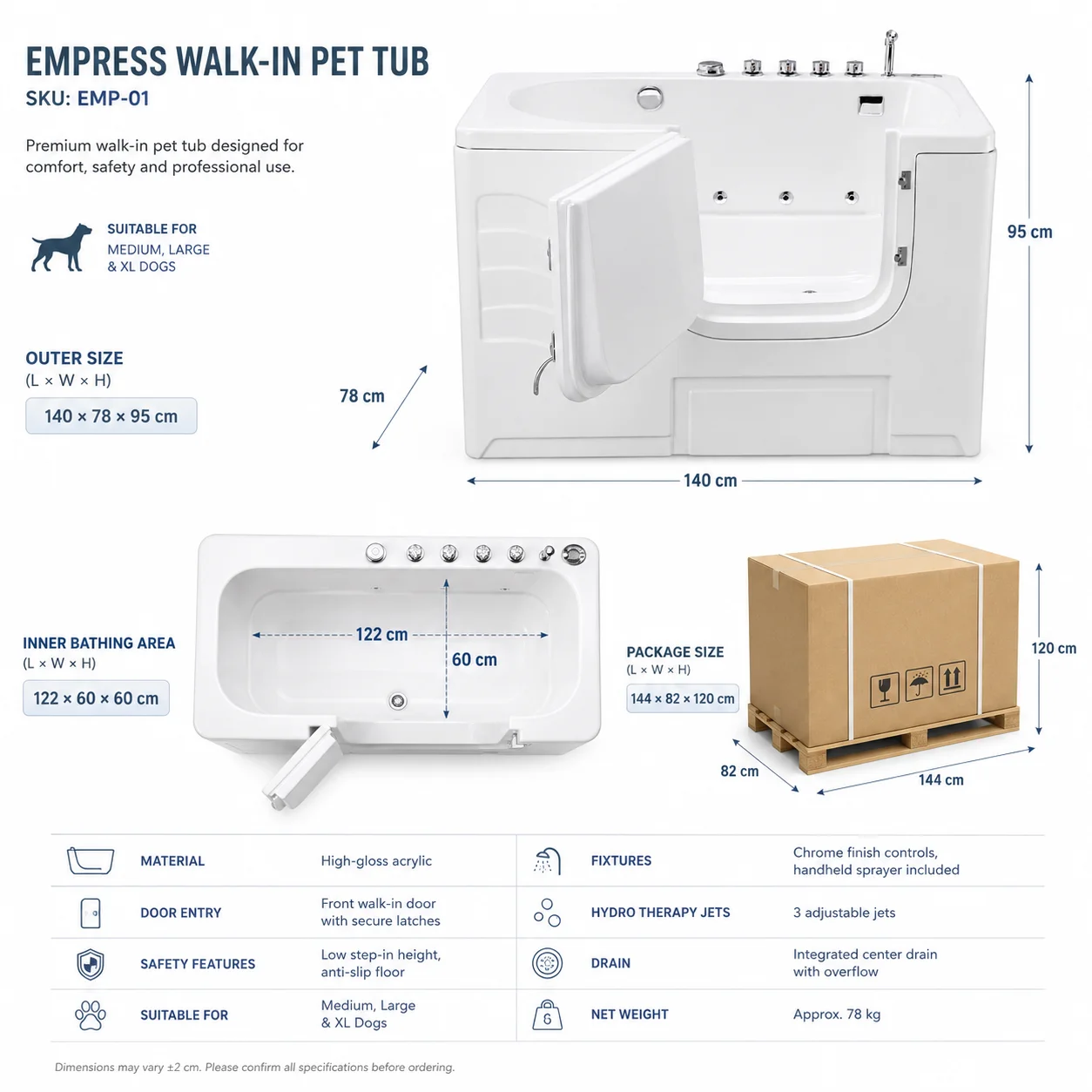 Commercial heavy-duty veterinary dog washing station with fast drainage and anti-clogging for medical preparation
