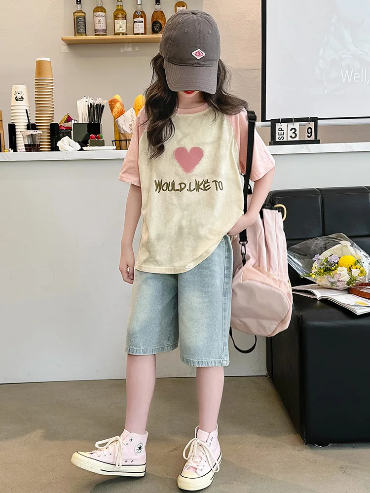 الفتيات الصيف Faion ort Sve تي شيرت الجينز orts مجموعة نظيفة Dir Sle 2025 جديد وصول المدرسة المتوسطة الفتيات الملابس #5